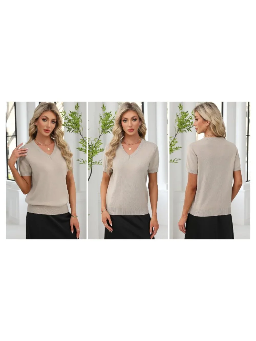 Wool Blend Short Sleeve V-Neck Pullover Sweater Business Casual Top